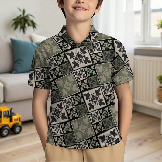 Kukui Nut Kapa Kuiki Hawaiian Print Keiki Polo Shirt - Green, Beige and Black