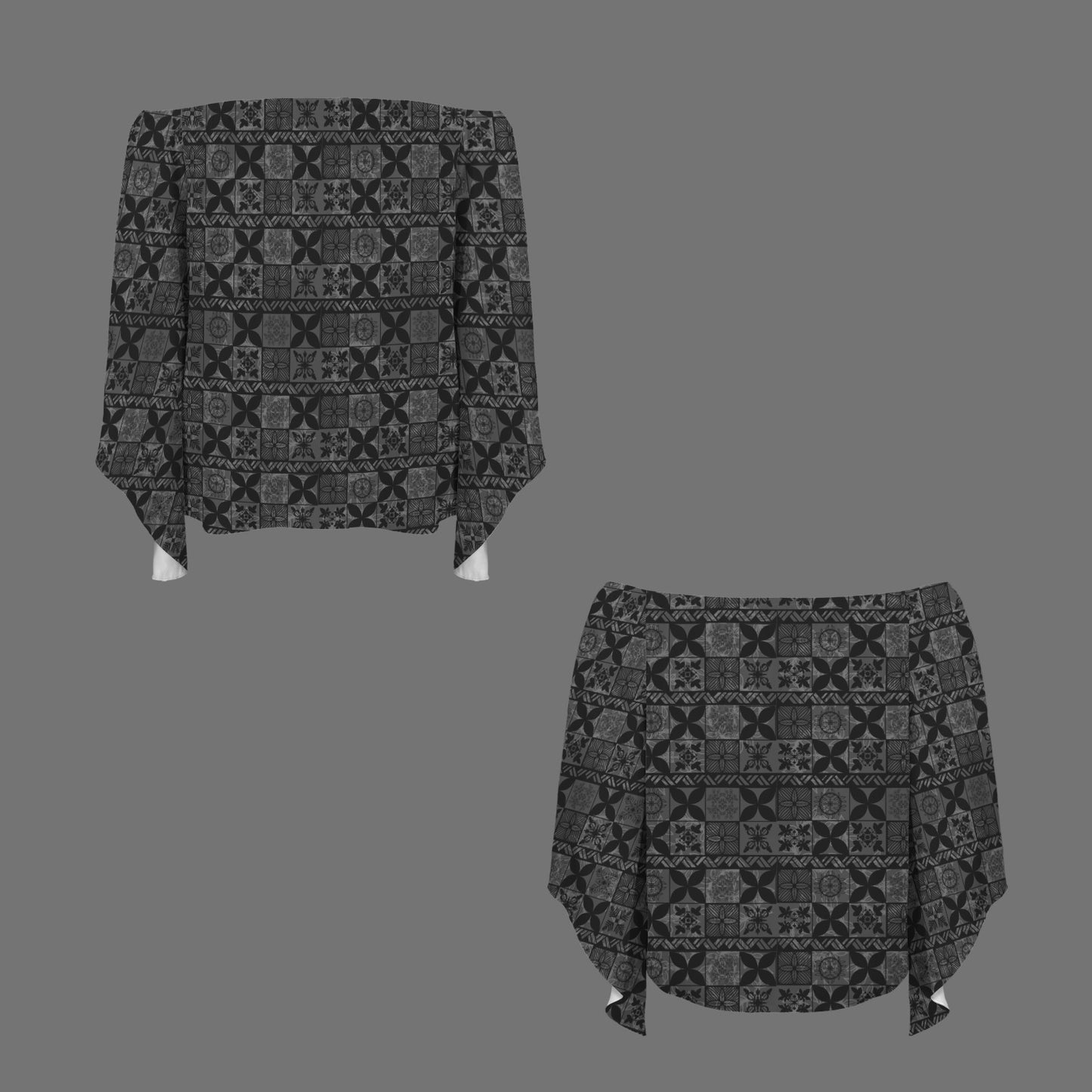 Kolonahe Kapa Print Off Shoulder Trumpet Sleeve Blouse - Gray and Black
