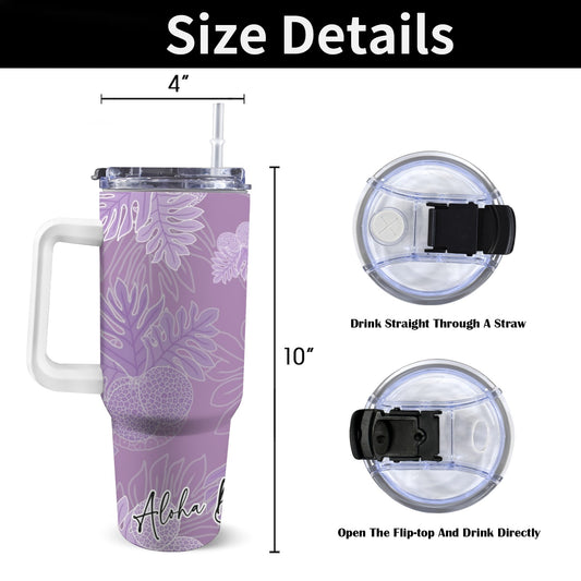 Ulu Breadfruit Hawaiian Print 40 oz Tumbler with Handle - Purple Aloha Dynasty 40oz Tumbler with Handle