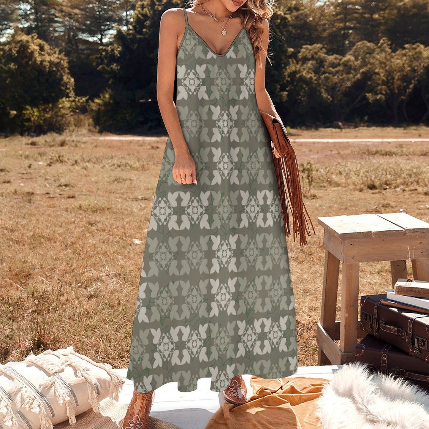 Hōʻolu Maxi Dress in Kapa Kuiki Hawaiian Print - Sage and Gray