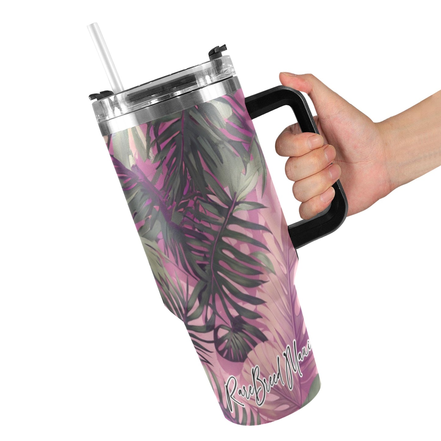 Hawaiian Tropical Print Pink Tones 40oz Tumbler - Black Handle
