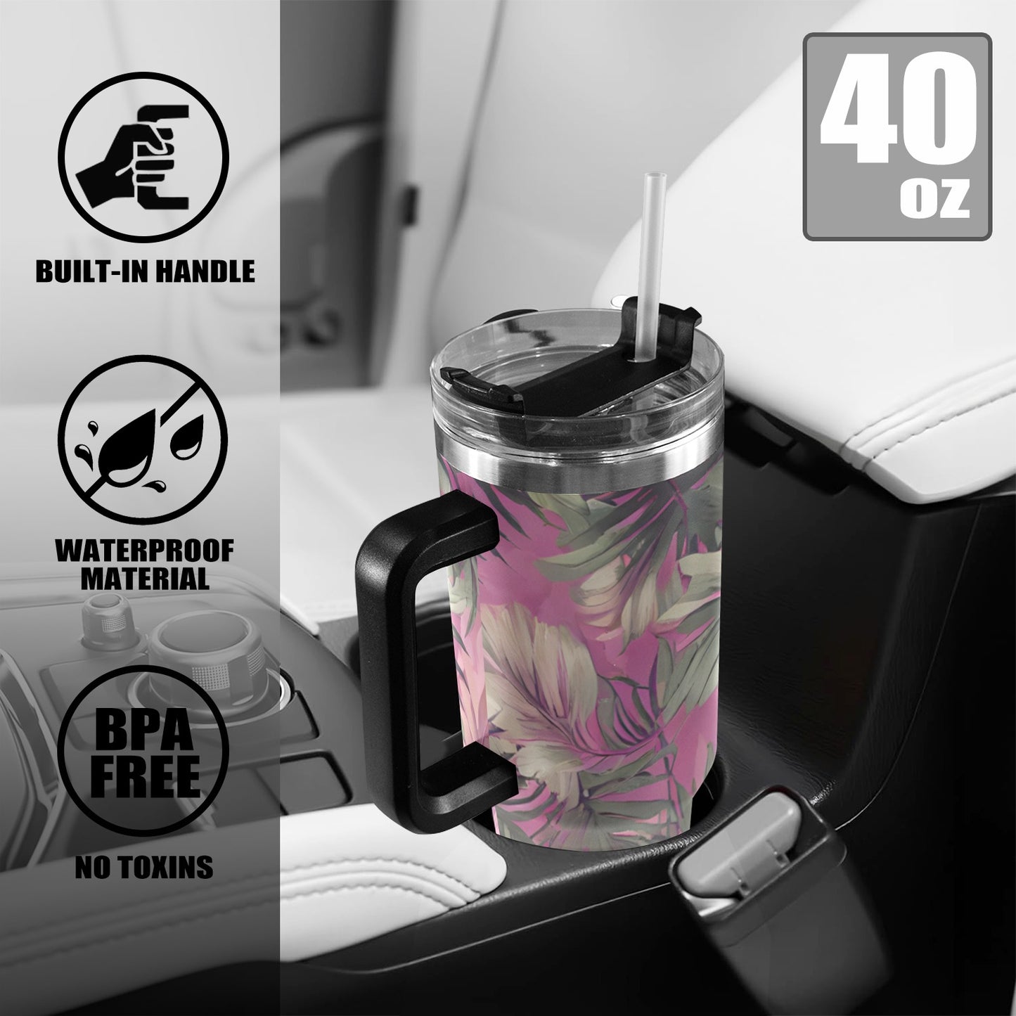 Hawaiian Tropical Print Pink Tones 40oz Tumbler - Black Handle