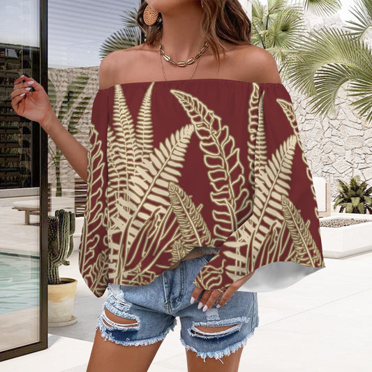 Hawaiian Fern Leaf Red & Cream Off Shoulder Trumpet Sleeve Blouse