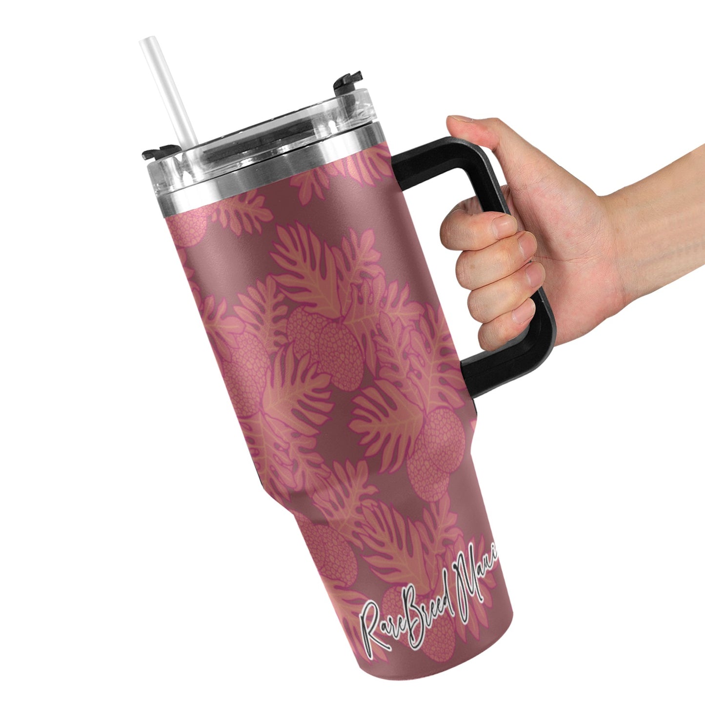 Ulu Breadfruit Hawaiian Print 40oz Tumbler - Pink 40oz Tumbler with Black Handle