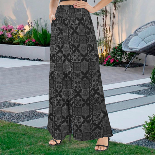 Makamae Elastic Waist Wide Leg Pants - Hawaiian Kapa Quilt in Black and Gray