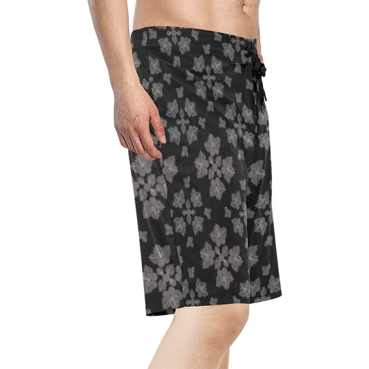 He'enalu Board Shorts - Ulu Quilt Hawaiian Print Black and Gray