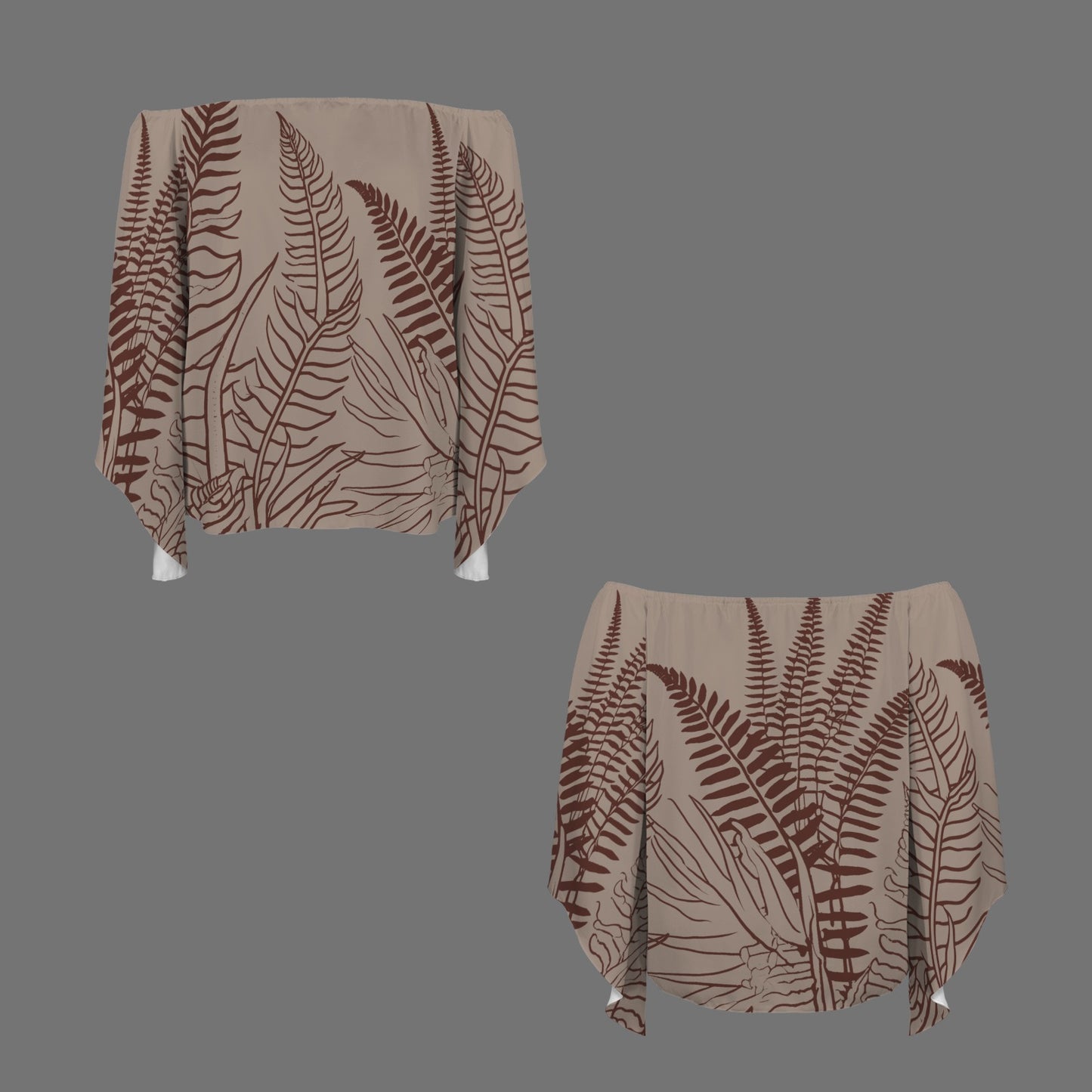 Hawaiian Fern Leaf Taupe and Burgundy Off Shoulder Trumpet Sleeve Blouse
