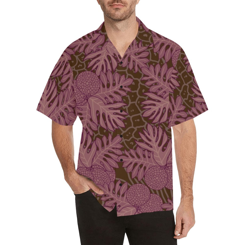 Ulu Breadfruit Hawaiian Print Menʻs Aloha Shirt - Pink, Brown, Red
