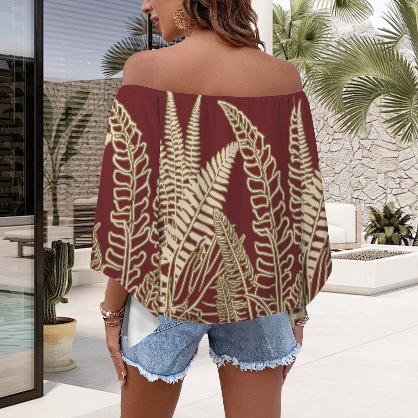 Hawaiian Fern Leaf Red & Cream Off Shoulder Trumpet Sleeve Blouse