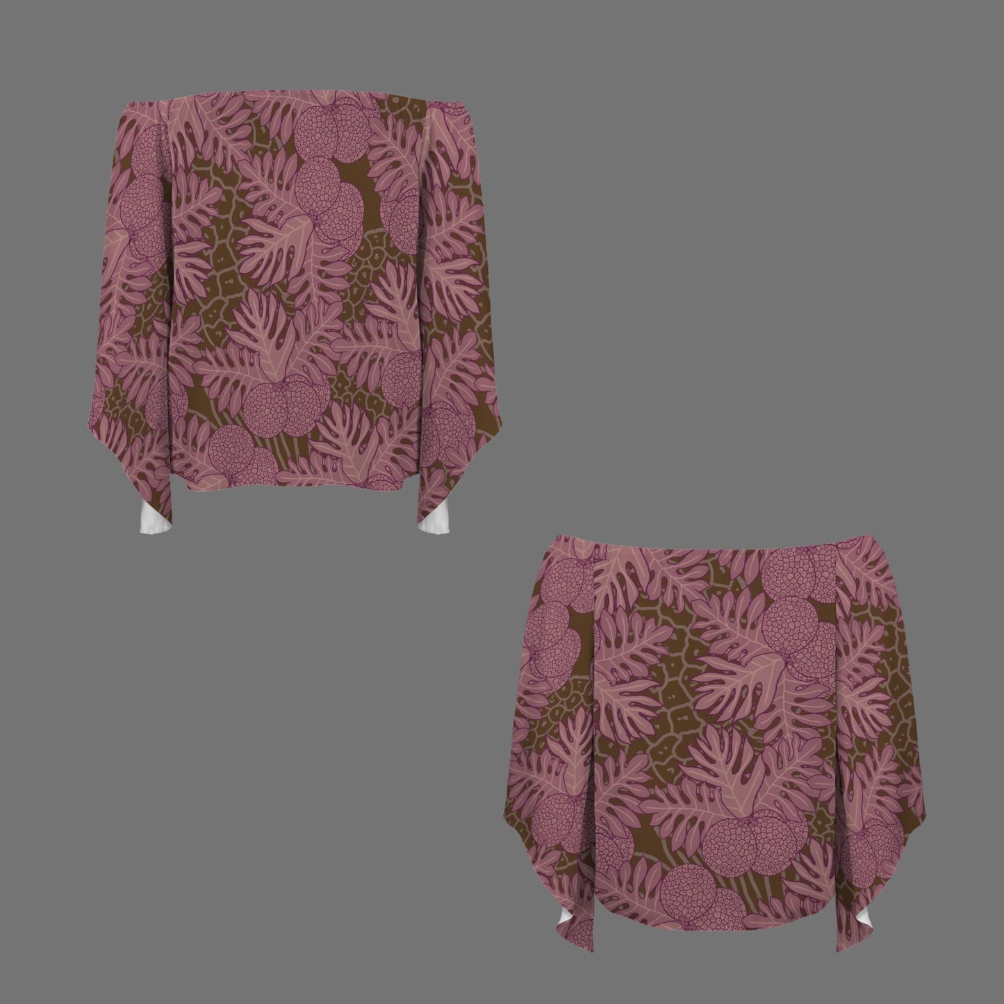 Ulu Breadfruit Off Shoulder Trumpet Sleeve Blouse - Pink, Brown, Red