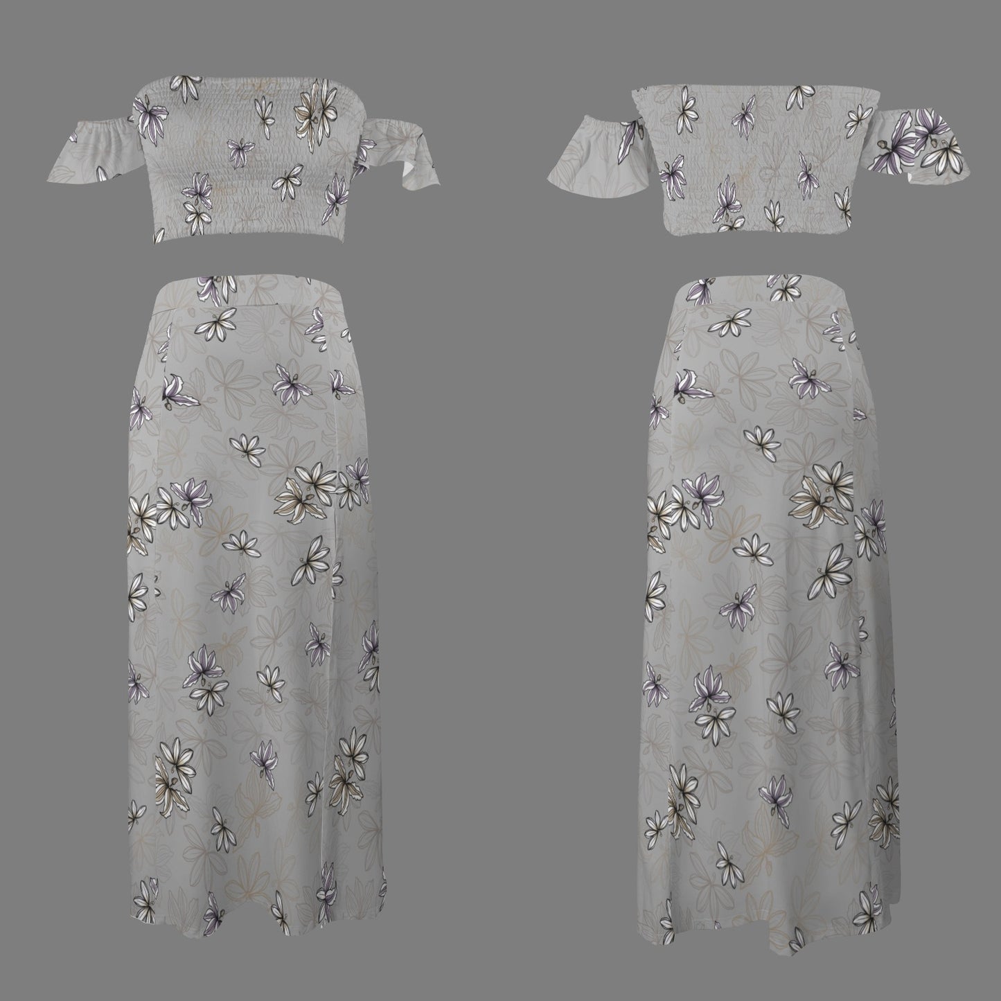 Malino Set in Naupaka (Off Shoulder Smocked Tube Top & High Waist Split Thigh Maxi Skirt) Gray