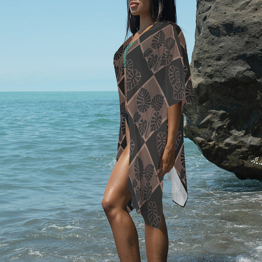 Kalo Quilt in Mocha and Black Long Kimono Chiffon Cover Up