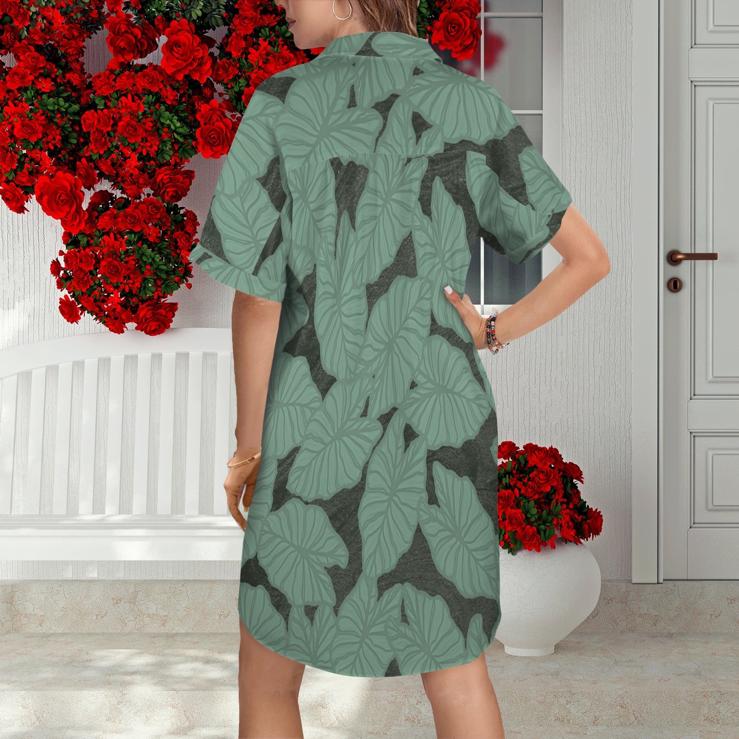 Kalo Green Short Sleeve Button Front Shirt Dress