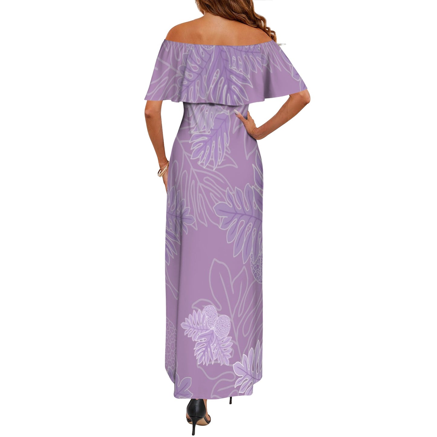 Ulu Breadfruit Hawaiian Print Off Shoulder Maxi-Style Dress - Lavender