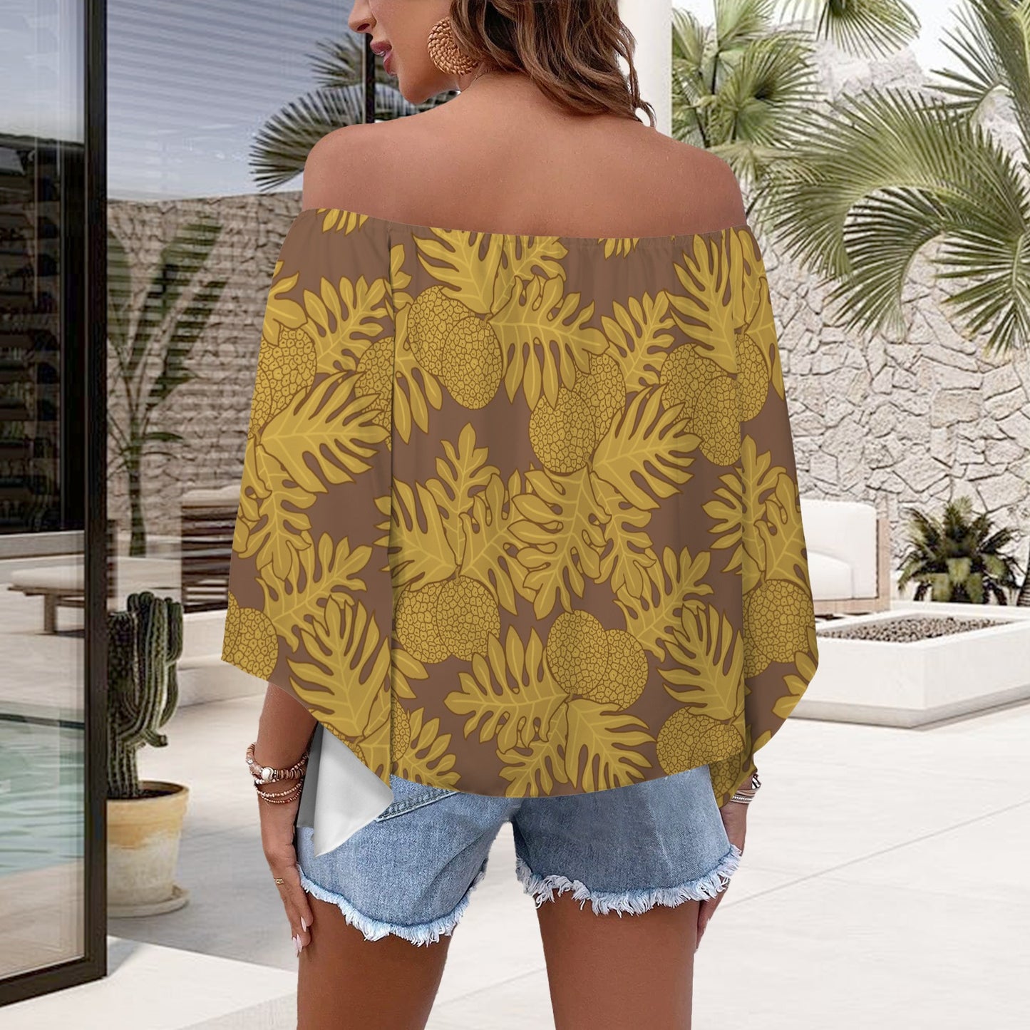 Ulu Breadfruit Brown and Yellow Off Shoulder Trumpet Sleeve Blouse