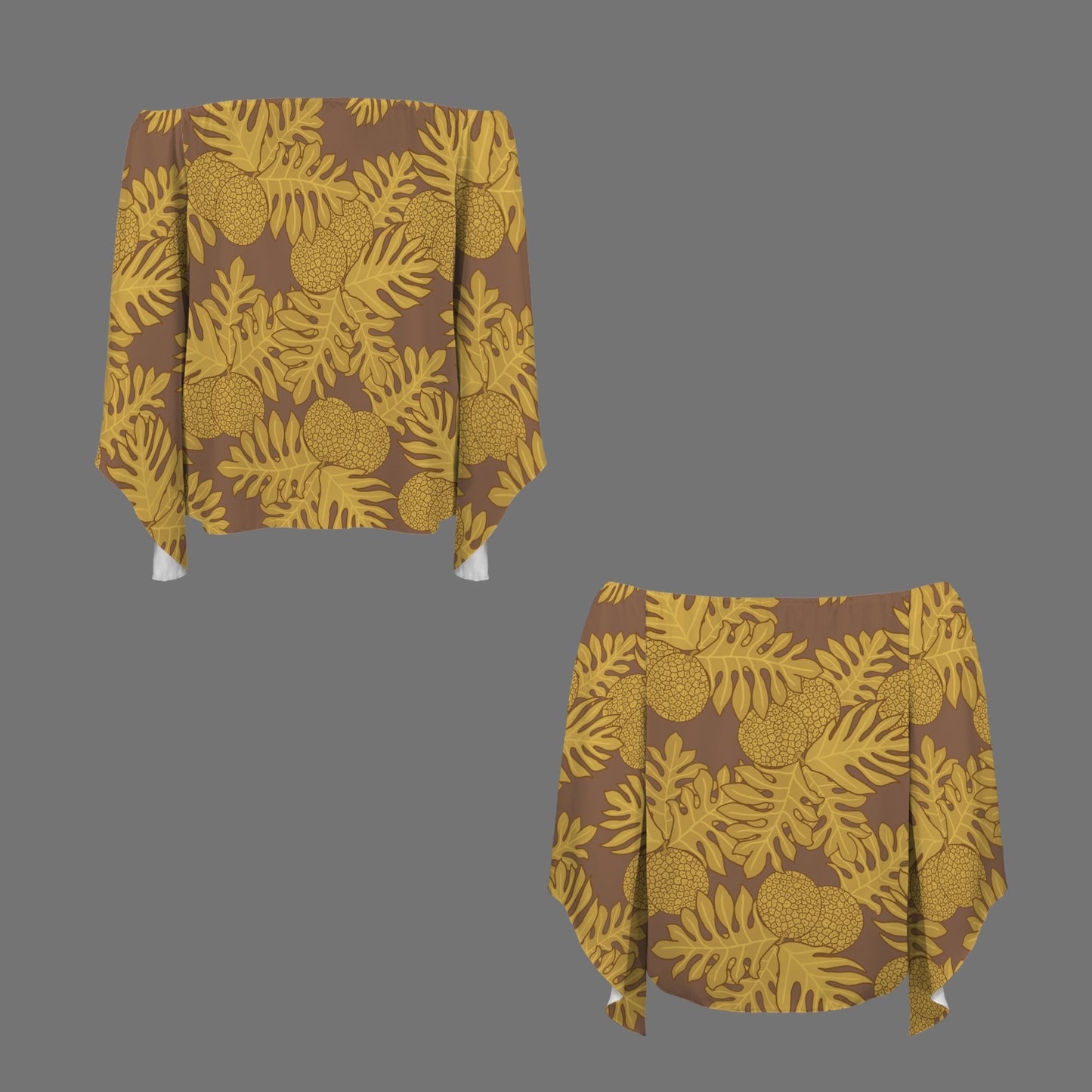 Ulu Breadfruit Brown and Yellow Off Shoulder Trumpet Sleeve Blouse