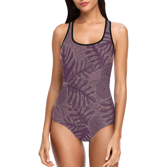 One Piece Swimsuit - Ulu Breadfruit Hawaiian Print (purple)