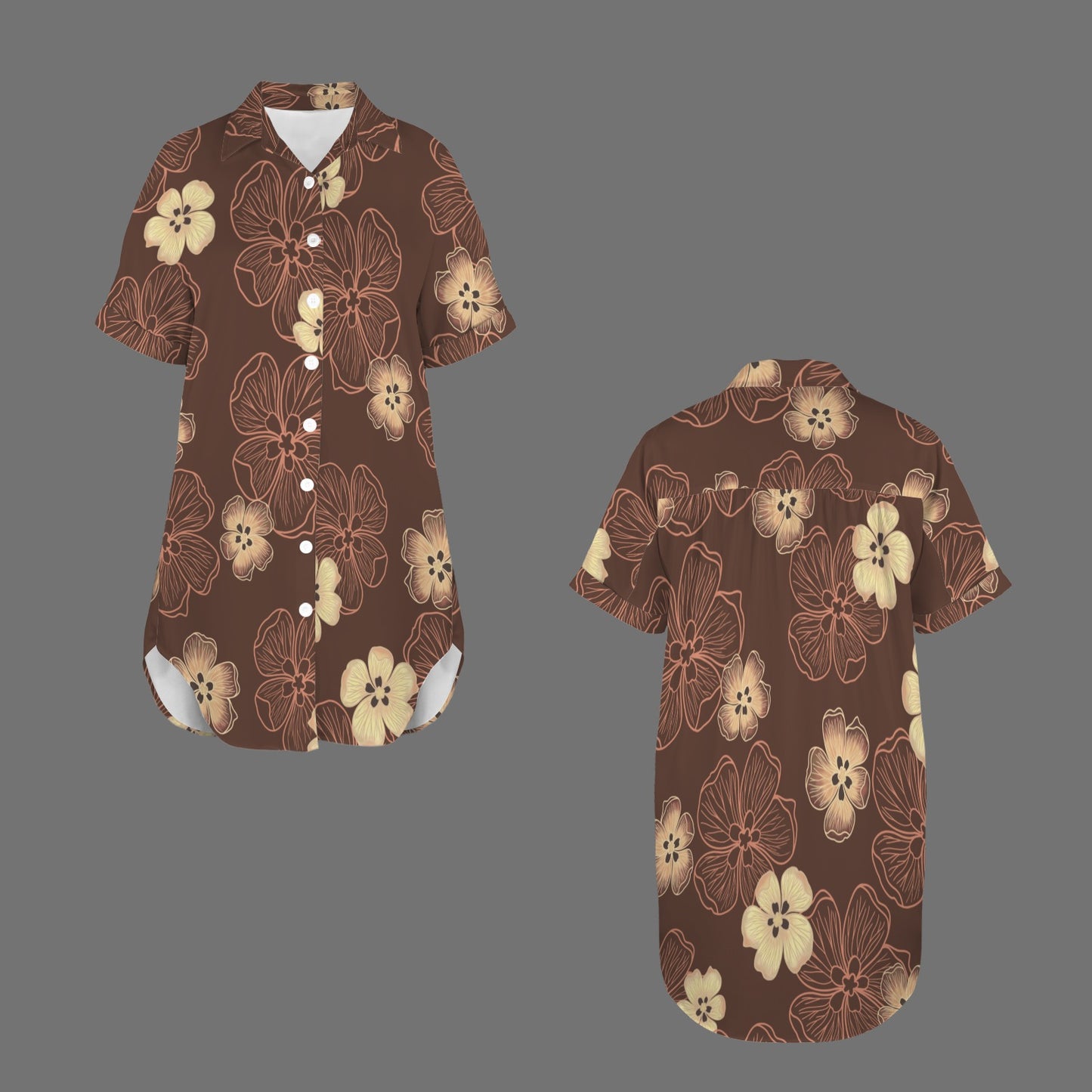 Hau Flower Short Sleeve Button Front Shirt Dress - Brown