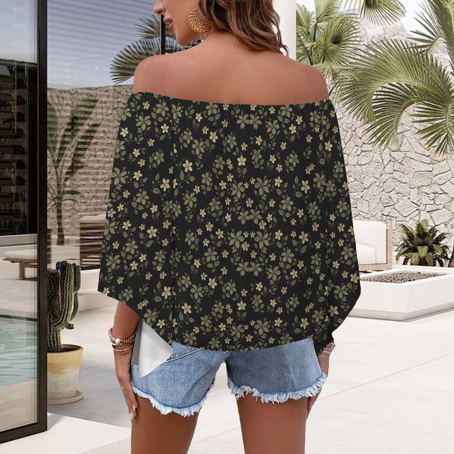 Kolonahe Koki'o Hibiscus Print Off Shoulder Trumpet Sleeve Blouse - Black and Green