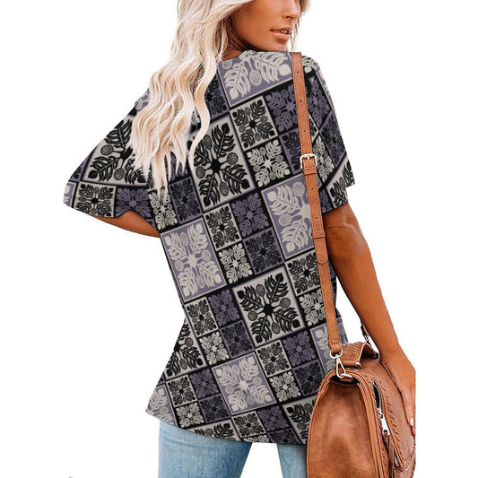 Kapa Kuiki Hawaiian Quilt Print, Keahi V-Neck Short-Sleeve Shirt - Purple