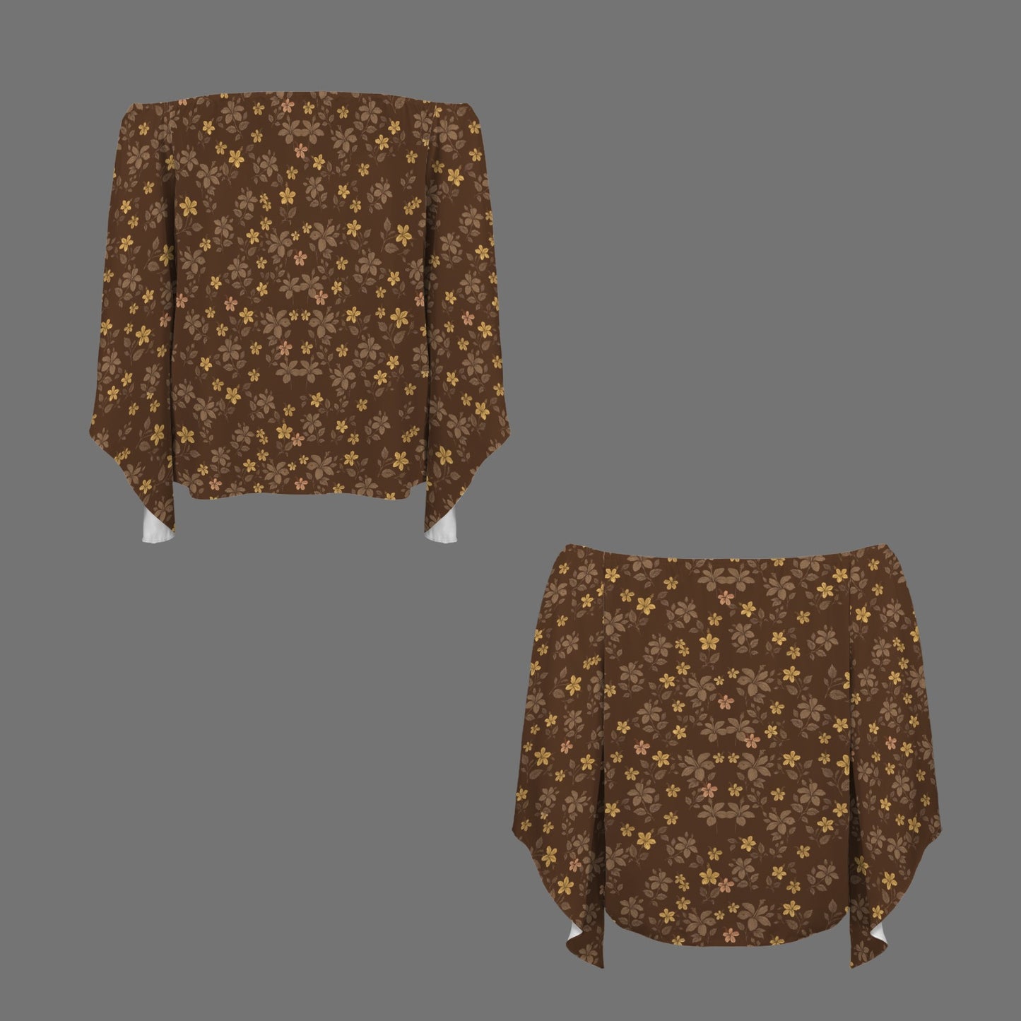Kolonahe Koki'o Hibiscus Print Off Shoulder Trumpet Sleeve Blouse - Brown & Yellow