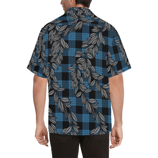 Maile and Palaka Hawaiian Print Men's Aloha Shirt - Blue and Black