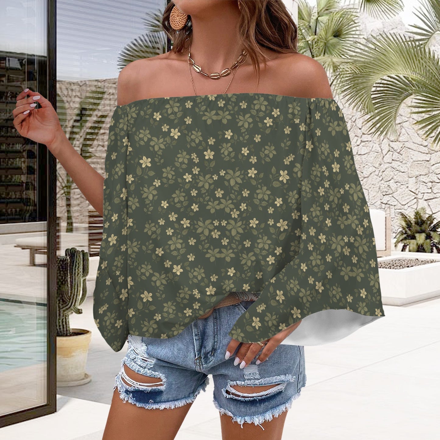 Kolonahe Koki'o Hibiscus Print Off Shoulder Trumpet Sleeve Blouse - Green