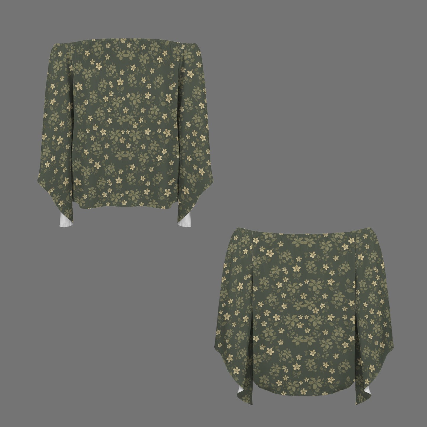Kolonahe Koki'o Hibiscus Print Off Shoulder Trumpet Sleeve Blouse - Green