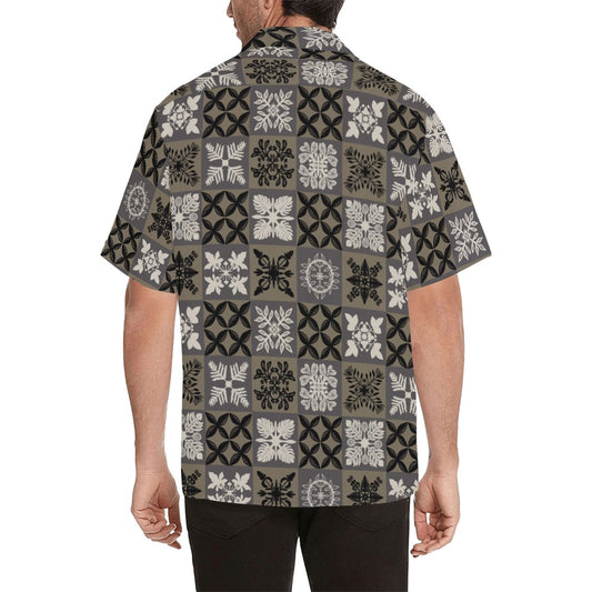 Kapa Kuiki Hawaiian Quilt Print - Menʻs Aloha Shirt, Black and Gray