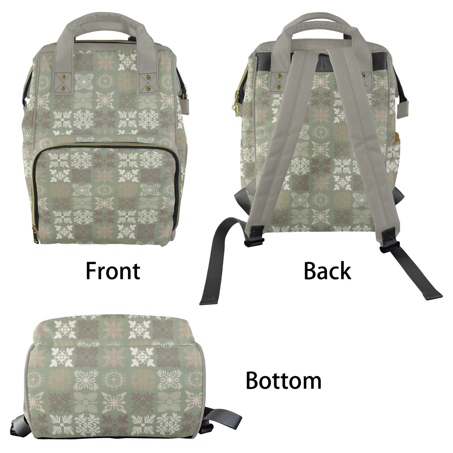 Kapa Kuiki Hawaiian Print Quilt Design Mult-Function Backpack - Sage, Khaki and Gray