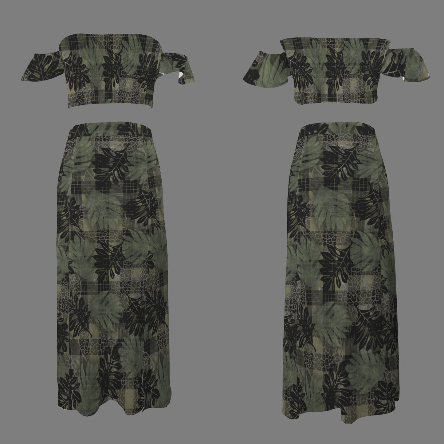 Malino Set in Ulu and Palaka (Off Shoulder Smocked Tube Top & High Waist Split Thigh Maxi Skirt) Green and Black
