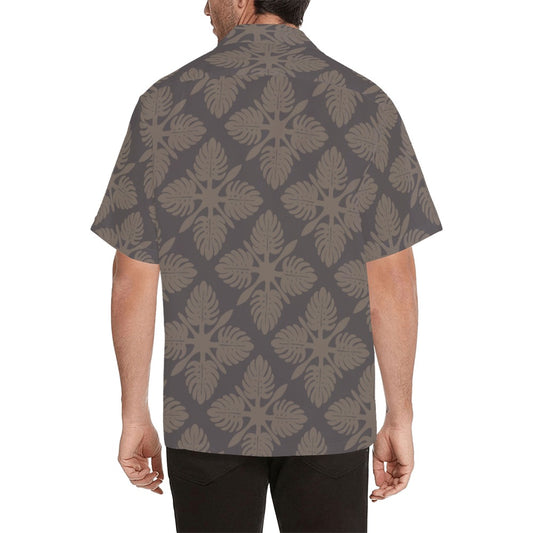 Monstera Kapa Kuiki Hawaiian Quilt Design - Menʻs Aloha Shirt, Taupe and Charcoal