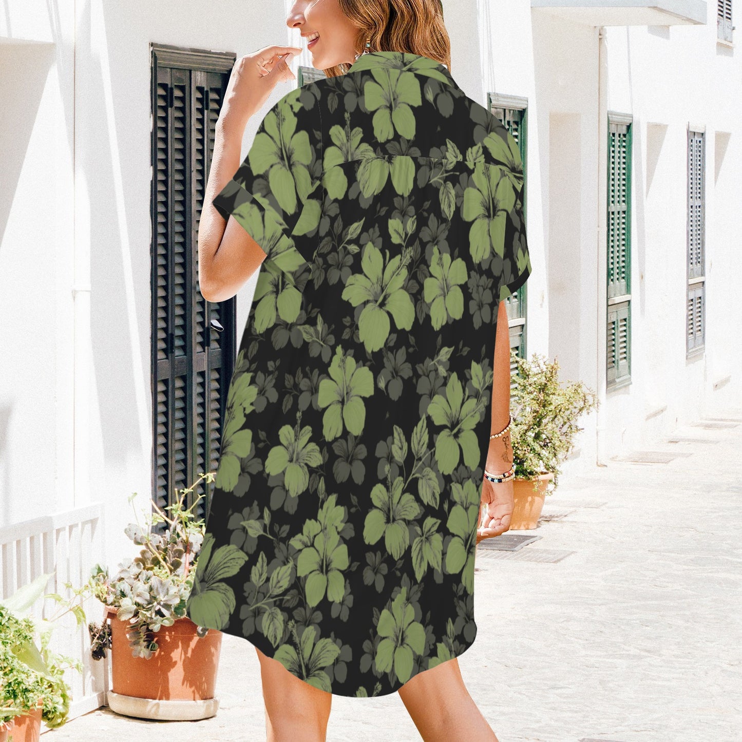 Nani 2.0 Button Down Dress - Koki'o Hibiscus Print in Green and Black