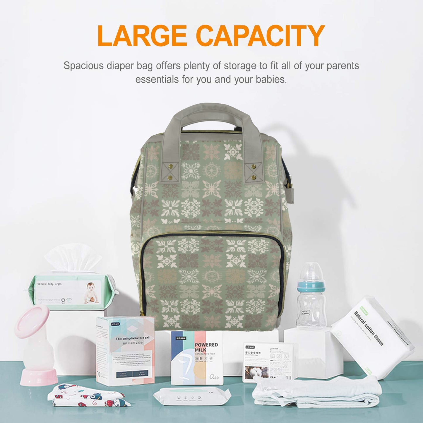 Kapa Kuiki Hawaiian Print Quilt Design Mult-Function Backpack - Sage, Khaki and Gray