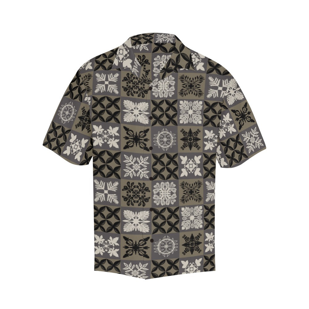 Kapa Kuiki Hawaiian Quilt Print - Menʻs Aloha Shirt, Black and Gray