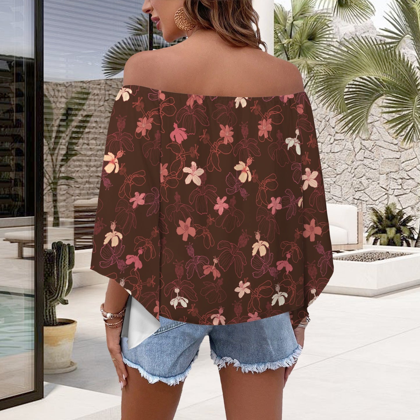 Kolonahe Koki'o HIbiscus Print Off Shoulder Trumpet Sleeve Blouse