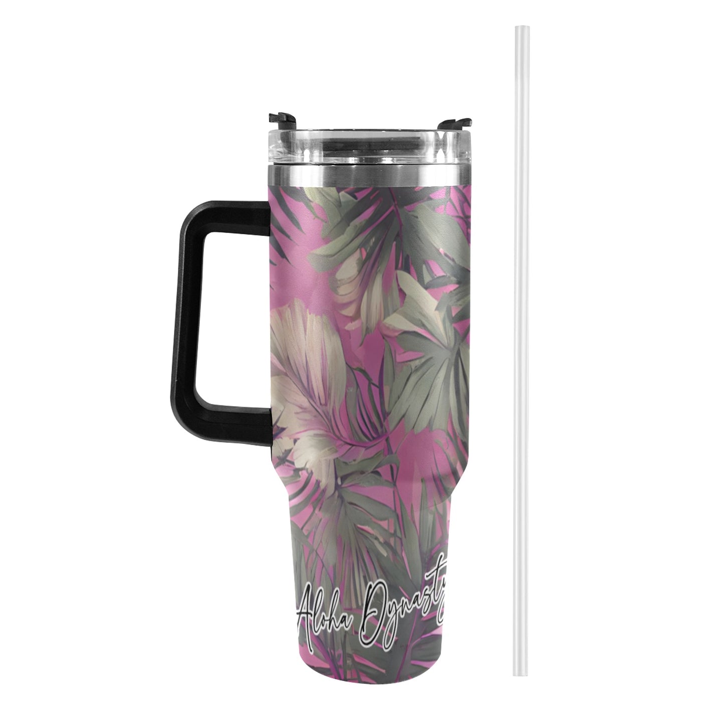 Hawaiian Tropical Print Pink Tones 40oz Tumbler - Black Handle
