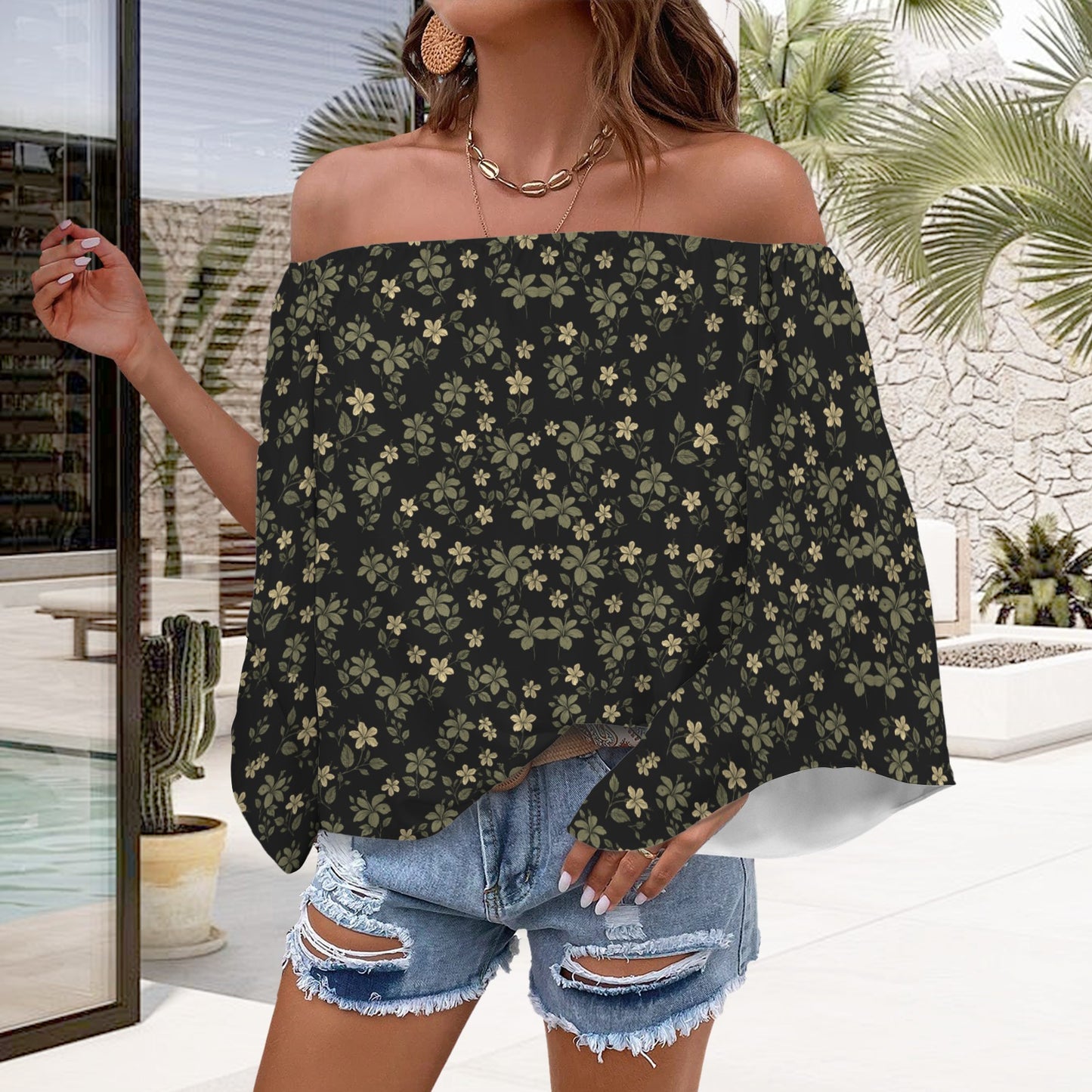 Kolonahe Koki'o Hibiscus Print Off Shoulder Trumpet Sleeve Blouse - Black and Green