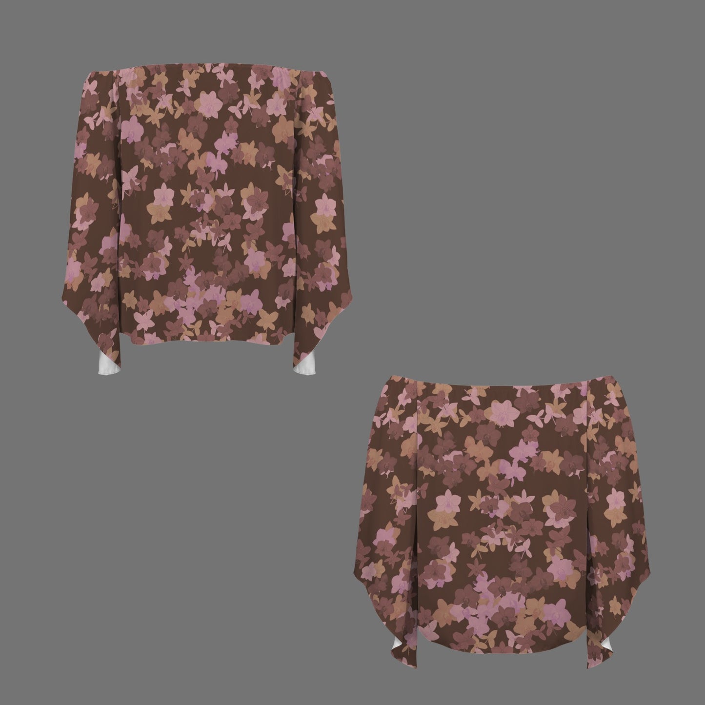 Kolonahe 'Okika Orchid Off Shoulder Trumpet Sleeve Blouse - Red, Brown and Pink