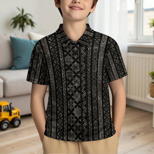 Kapa Kakau Keiki Polo Shirt - Black and Gray