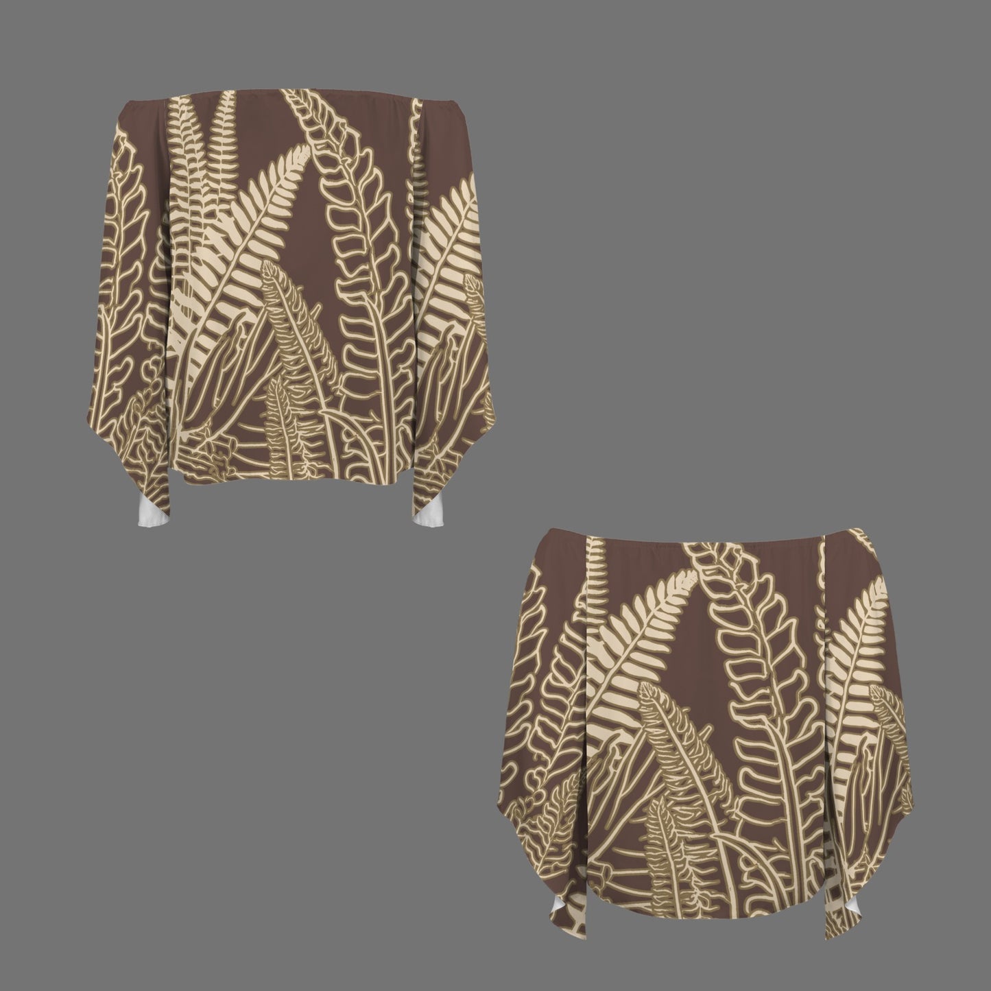Hawaiian Fern Leaf Taupe and Cream Off Shoulder Trumpet Sleeve Blouse