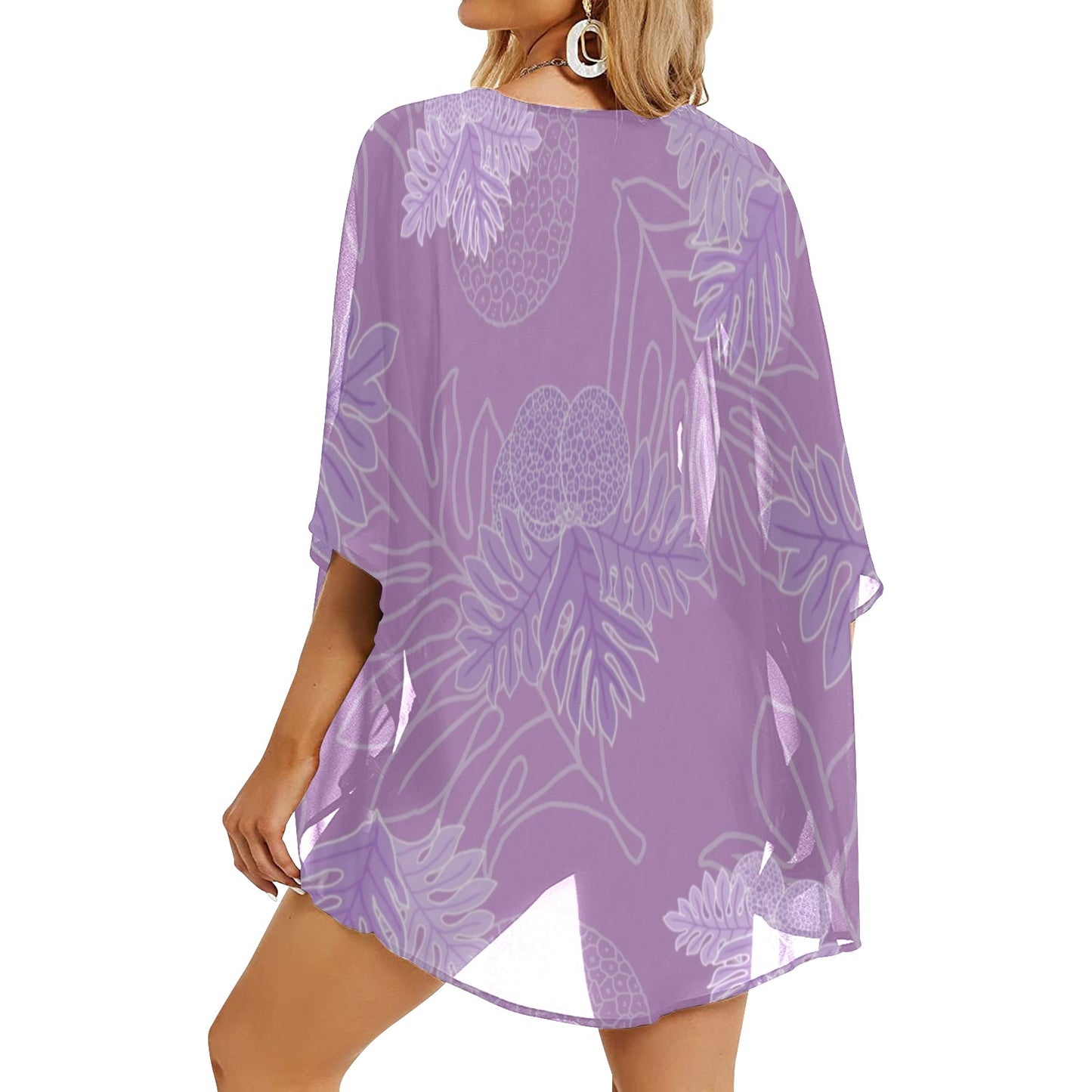 Ulu Breadfruit Hawaiian Print Kimono Chiffon Cover Up - Lavender