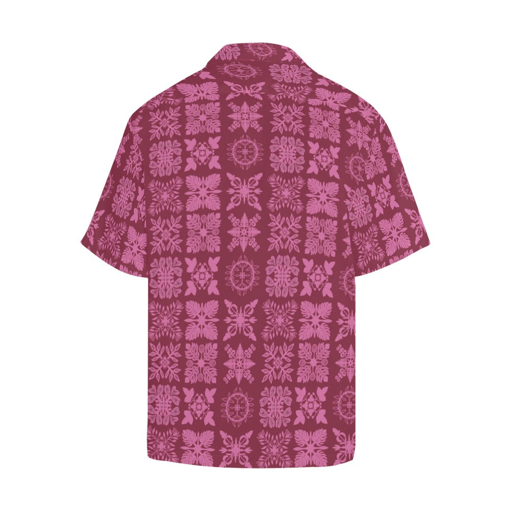 Hawaiian Kapa Kuiki Quilt - Menʻs Aloha Shirt, Red and Pink
