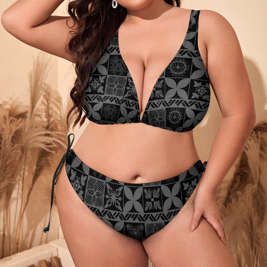 Kahakai Halter Bikini 2 Piece Swimsuit Set Hawaiian Kapa Quilt Black and Gray - Curvy Size