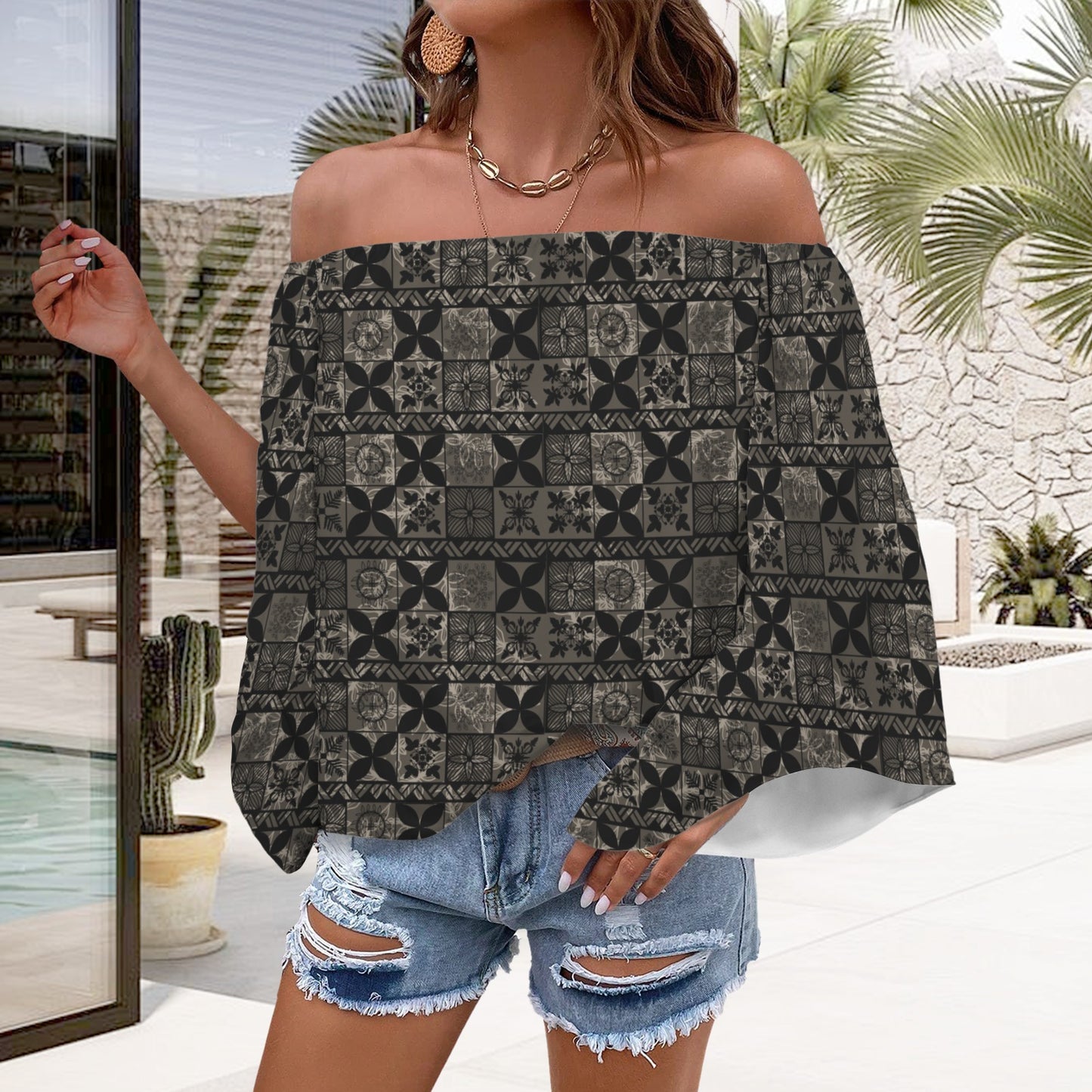 Kolonahe Kapa Print Off Shoulder Trumpet Sleeve Blouse - Brown and Black