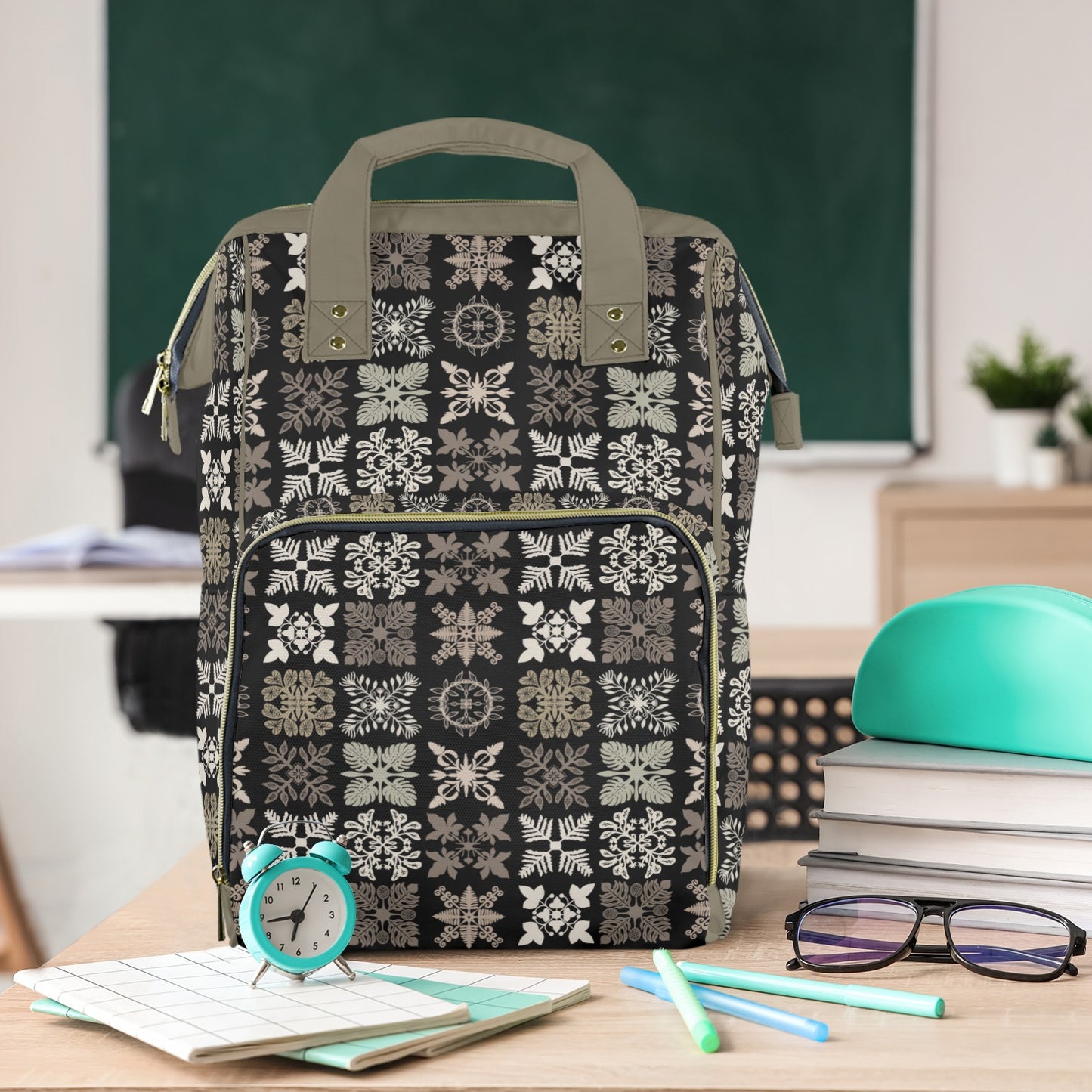 Kapa Kuiki Hawaiian Print Quilt Design Mult-Function Backpack - Black and Sage