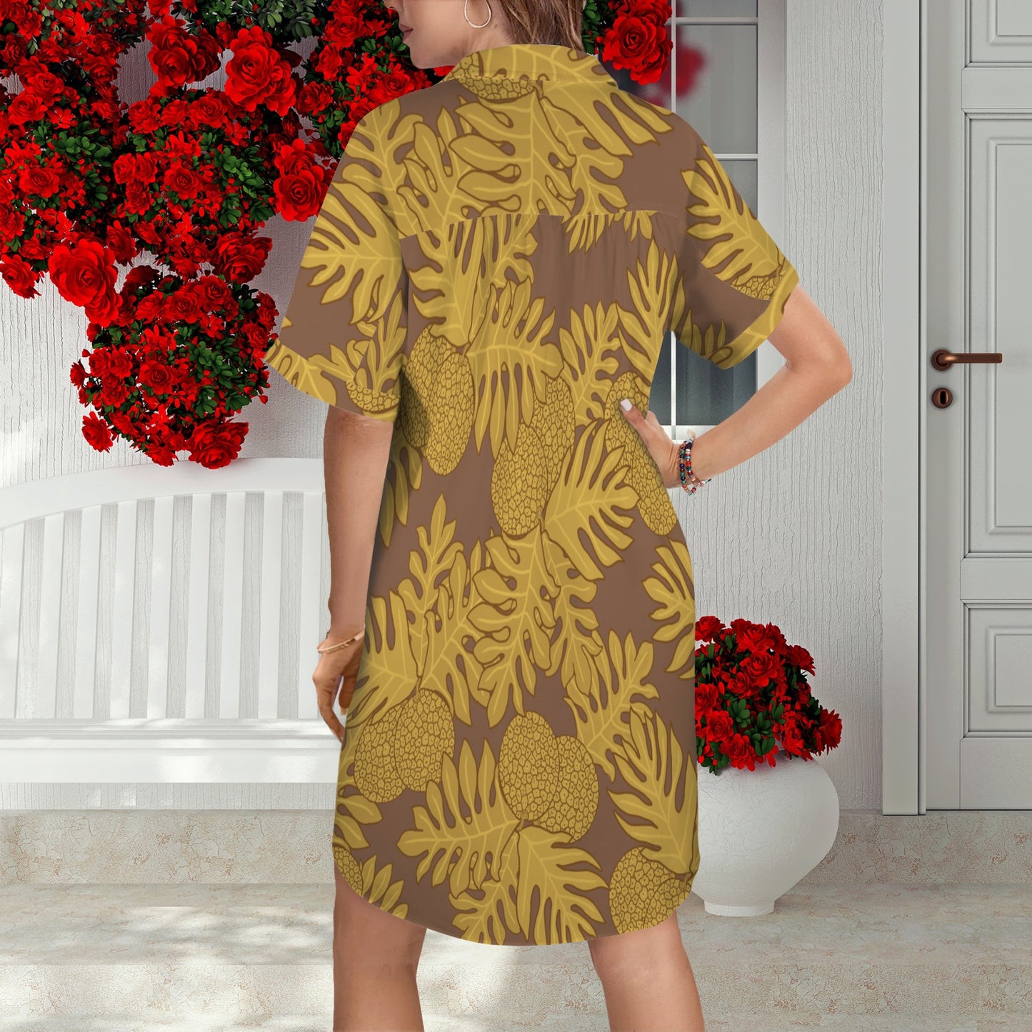 Ulu Mustard Yellow Short Sleeve Button Down Front Shirt Dress