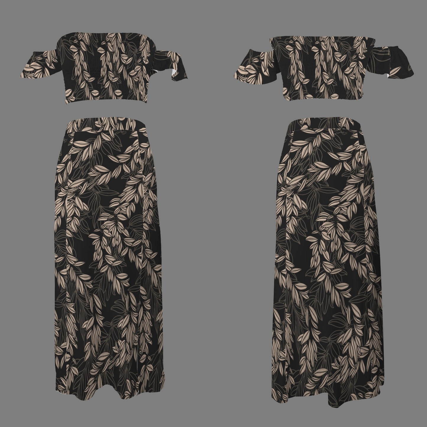 Malino Set in Maile (Off Shoulder Smocked Tube Top & High Waist Split Thigh Maxi Skirt) Black and Taupe