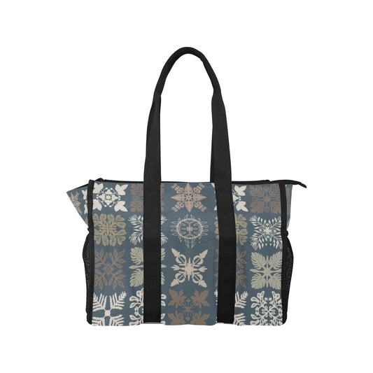 Kapa Kuiki Hawaiian Quilt Design Print Blue and Khaki - Nurse/Teacher/Mommy Tote Bag