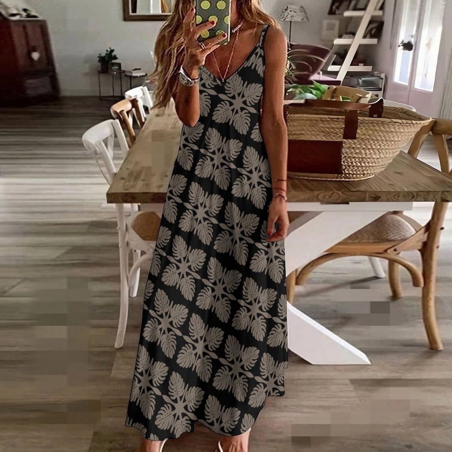 Hōʻolu Maxi Dress in Kapa Kuiki Monstera Hawaiian Print - Black and Taupe
